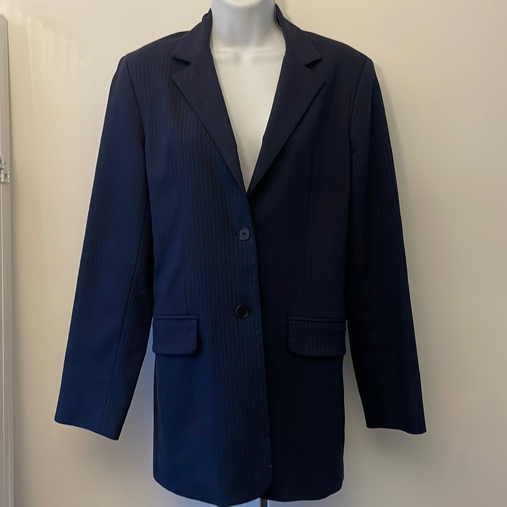 Vintage navy blue Parallel pinstriped stretch longline suit set size 8 y2k